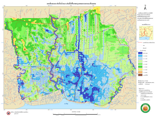 แผนที่แสดงพื้นที่ที่เสี่ยงจะโดน น้ำท่วม ในปี 2554
