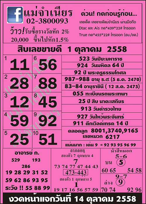 หวยแม่จำเนียร 1/10/58 หวยแม่จำเนียร 1/10/58