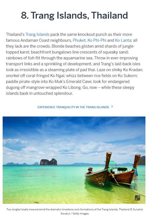 หมู่เกาะตรังสวยสะกดใจ ติดอันดับ 8 ที่เที่ยวที่ดีที่สุดของเอเชีย โดย Lonely Planet หมู่เกาะตรังสวยสะกดใจ ติดอันดับ 8 ที่เที่ยวที่ดีที่สุดของเอเชีย โดย Lonely Planet