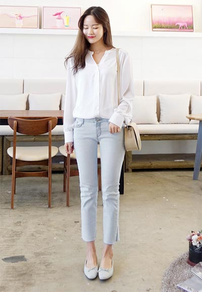 เสื้อเชิ้ตผู้หญิงสีขาว กางเกงยีนส์ เสื้อเชิ้ตผู้หญิงสีขาว กางเกงยีนส์