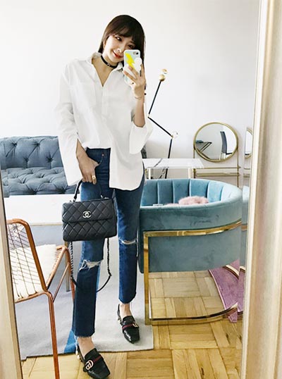 เสื้อเชิ้ตผู้หญิงสีขาว กางเกงยีนส์ เสื้อเชิ้ตผู้หญิงสีขาว กางเกงยีนส์