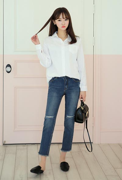 เสื้อเชิ้ตผู้หญิงสีขาว กางเกงยีนส์ เสื้อเชิ้ตผู้หญิงสีขาว กางเกงยีนส์