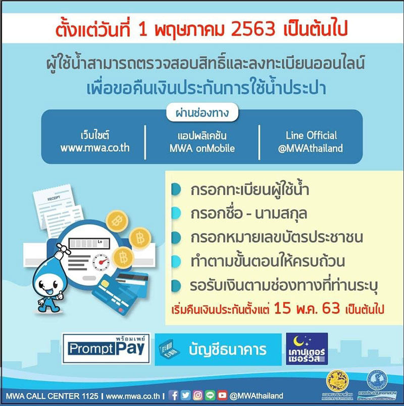 ลงทะเบียนคืนเงินประกันน้ำประปา ลงทะเบียนคืนเงินประกันน้ำประปา