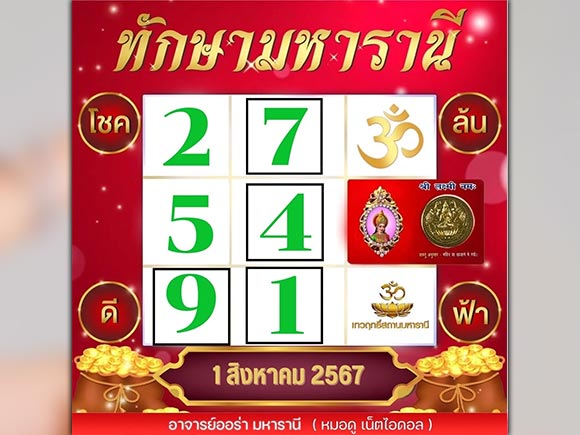 อาจารย์ออร่า มหารานี ปล่อยหวยเด็ด เลขตารางทักษามหารานี 1/8/67 อาจารย์ออร่า มหารานี ปล่อยหวยเด็ด เลขตารางทักษามหารานี 1/8/67