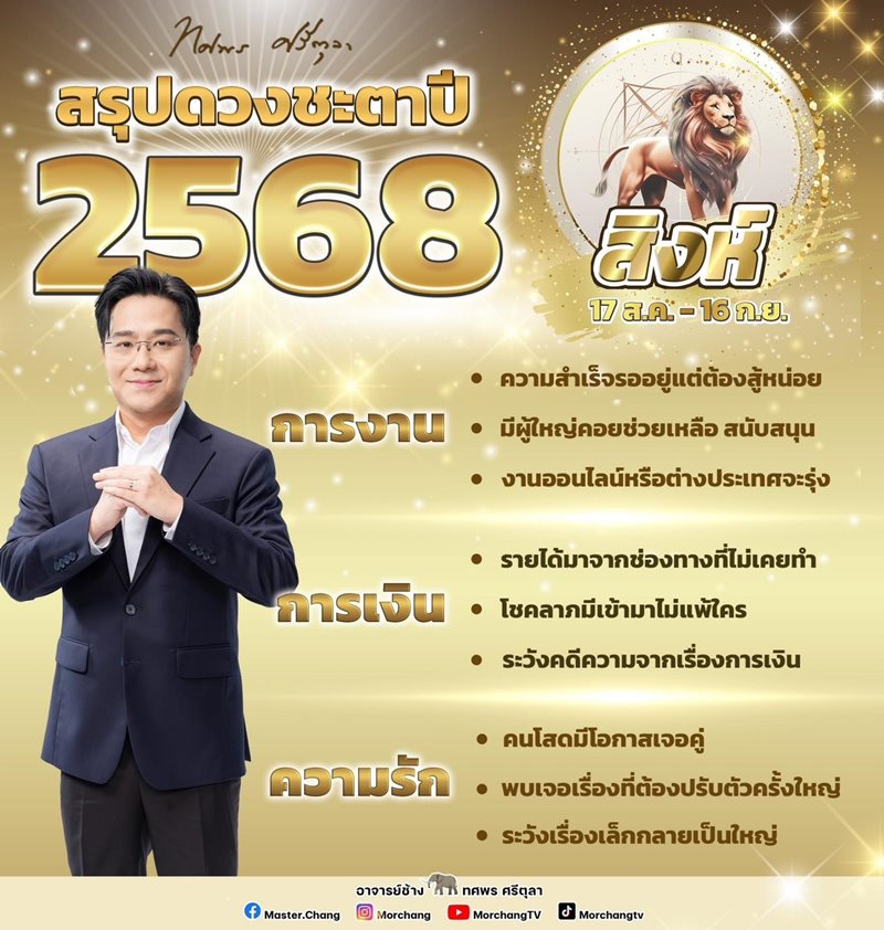 หมอช้าง สรุปดวงชะตาปี 2568 ราศีกรกฎ และ ราศีสิงห์ หมอช้าง สรุปดวงชะตาปี 2568 ราศีกรกฎ และ ราศีสิงห์