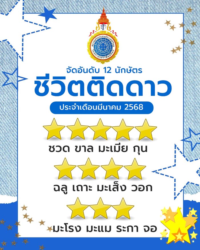 จัดอันดับดวงเดือนมีนาคม 2568 ปีนักษัตรดวงดีระดับ 5 ดาว จัดอันดับดวงเดือนมีนาคม 2568 ปีนักษัตรดวงดีระดับ 5 ดาว