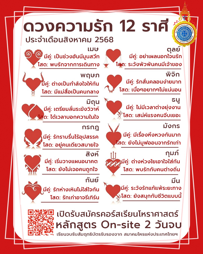 ดูดวงความรัก 12 ราศี เดือนสิงหาคม 2568 ดูดวงความรัก 12 ราศี เดือนสิงหาคม 2568