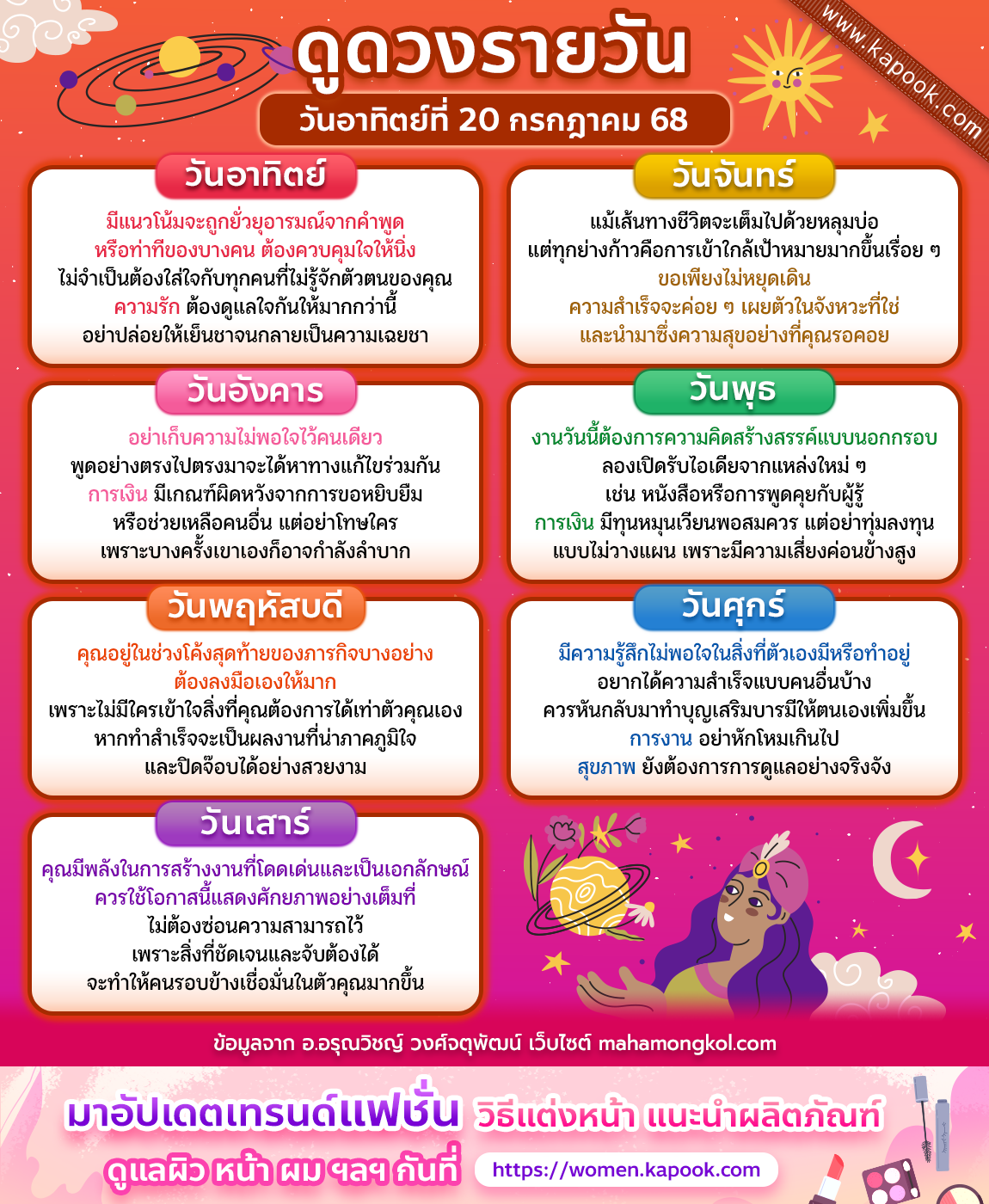 ดวงวันนี้ 20 กรกฎาคม 2568 ดวงวันนี้ 20 กรกฎาคม 2568