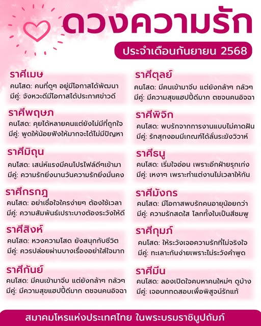ดูดวงความรัก ดวง 12 ราศี เดือนกันยายน 2568 ดูดวงความรัก ดวง 12 ราศี เดือนกันยายน 2568