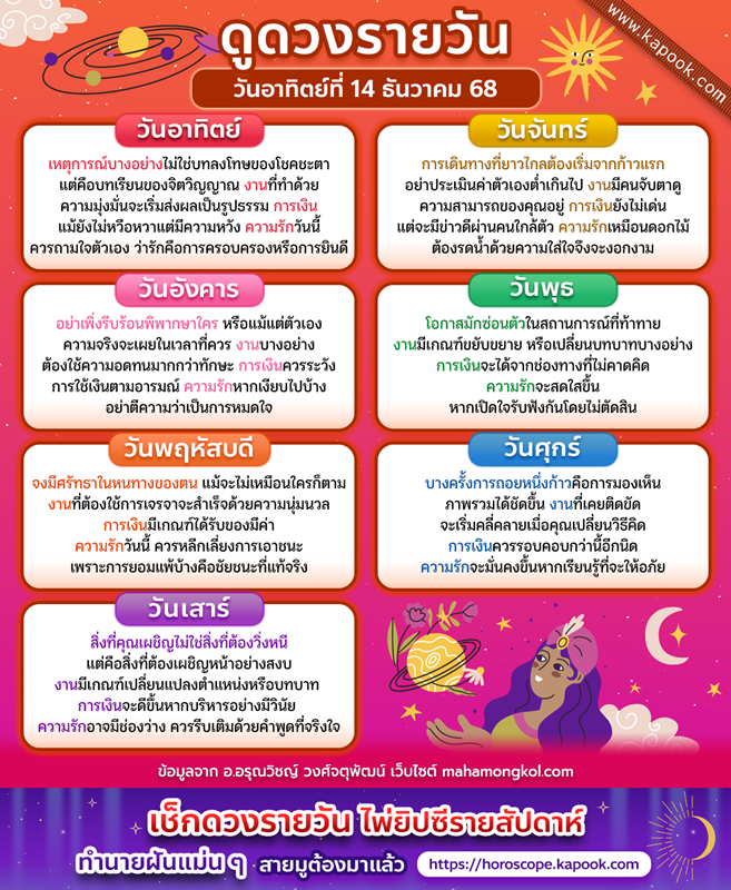 ดูดวงรายวัน 14 ธันวาคม 2568 ดูดวงรายวัน 14 ธันวาคม 2568