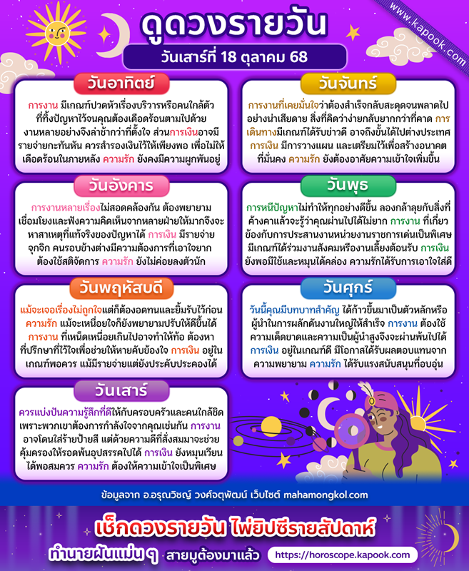 ดูดวงรายวัน 18 ต.ค. 68 ดูดวงรายวัน 18 ต.ค. 68