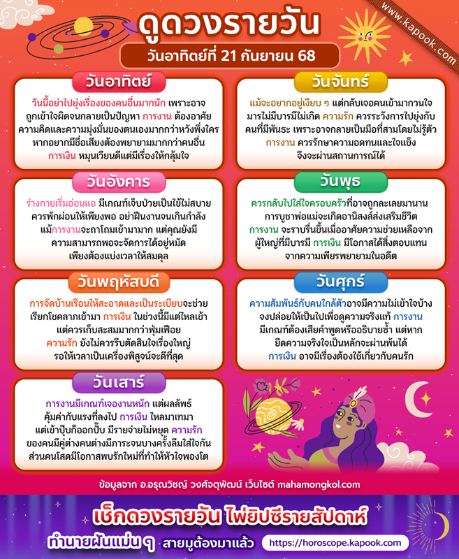ดูดวงรายวัน 21 กันยายน 2568 ดูดวงรายวัน 21 กันยายน 2568