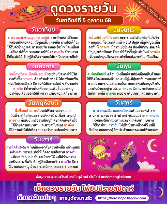 ดูดวงรายวัน 5 ตุลาคม 2568 ดูดวงรายวัน 5 ตุลาคม 2568