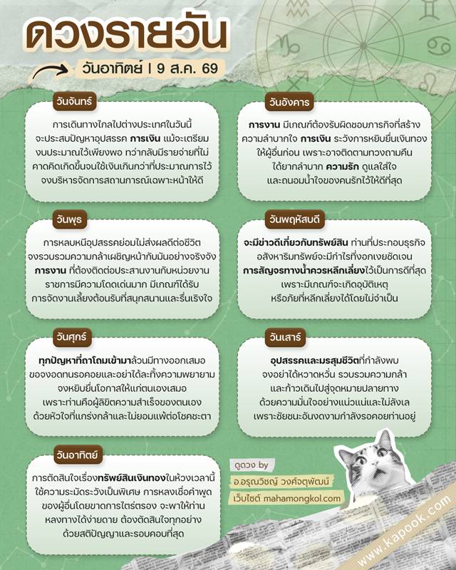 ดูดวงรายวัน 9 สิงหาคม 2569 ดูดวงรายวัน 9 สิงหาคม 2569