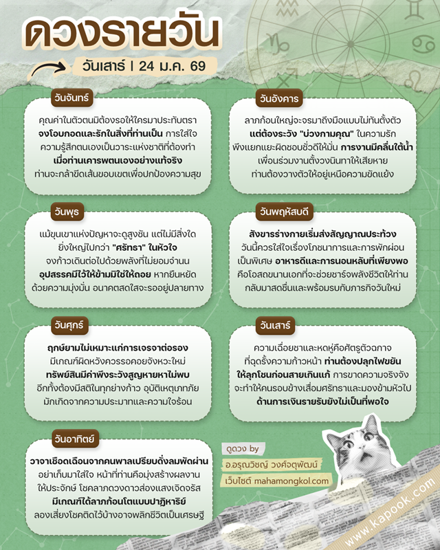 ดูดวงรายวัน 24 มกราคม 2569 ดูดวงรายวัน 24 มกราคม 2569