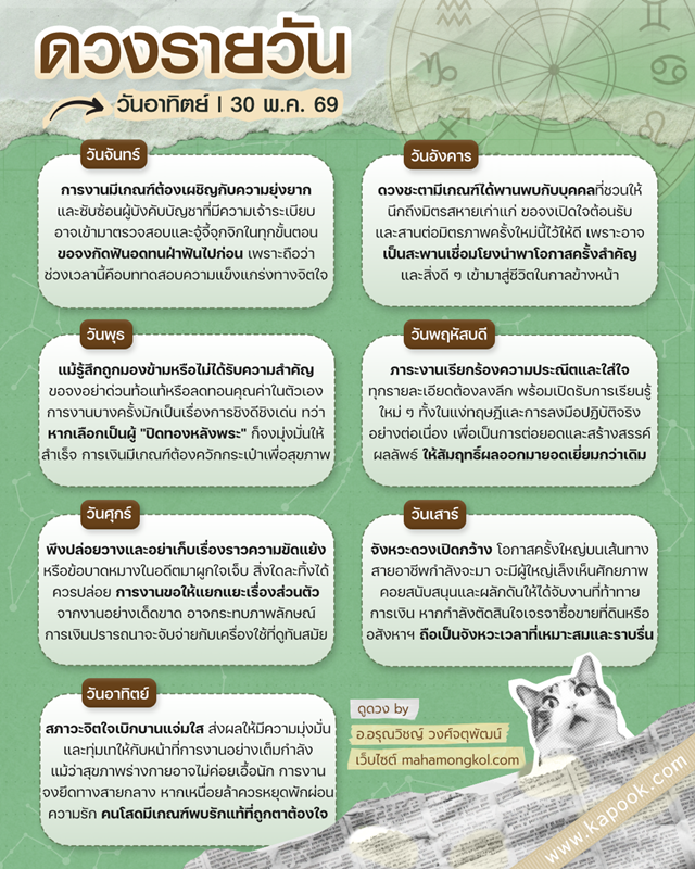 ดูดวงรายวัน 30 พฤษภาคม 2569 ดูดวงรายวัน 30 พฤษภาคม 2569