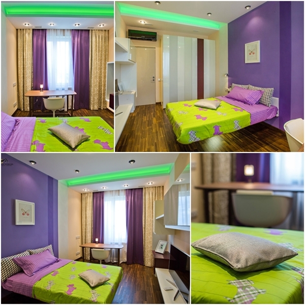 ห้องนอนสีม่วง-เขียว มีเตียงนอนลอยได้เก๋ ๆ ห้องนอนสีม่วง-เขียว มีเตียงนอนลอยได้เก๋ ๆ