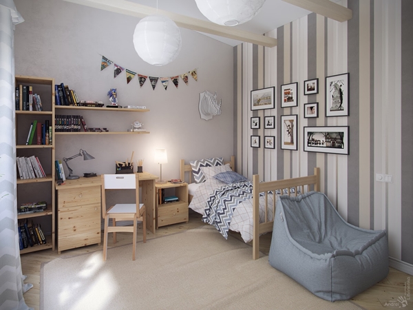 ห้องนอนเด็กโทนสีเทา แต่งด้วยเฟอร์นิเจอร์ไม้สีอ่อน ห้องนอนเด็กโทนสีเทา แต่งด้วยเฟอร์นิเจอร์ไม้สีอ่อน