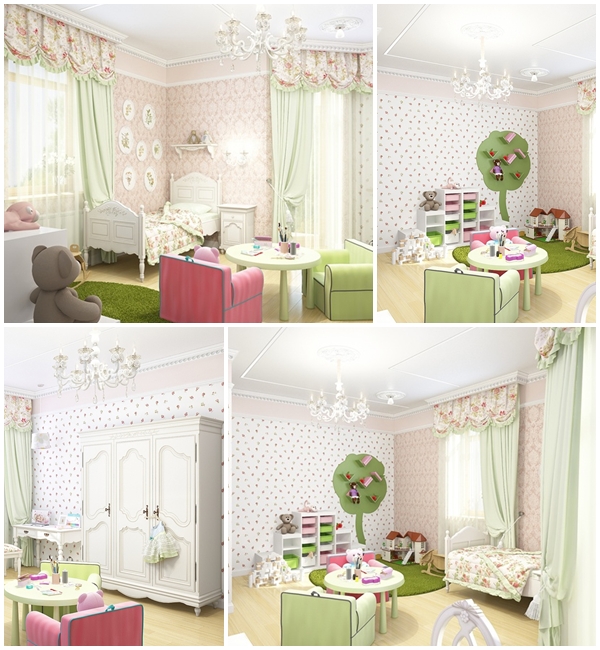 ห้องนอนเด็กผู้หญิง ห้องนอนสีชมพู - เขียว