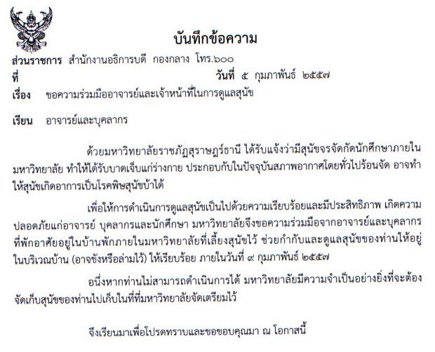 มรภ.สุราษฏร์ แจงกรณีสั่งฆ่าหมา-ฝังทั้งเป็น แค่ฉีดยาสลบ ไม่ได้ฆ่าทิ้ง มรภ.สุราษฏร์ แจงกรณีสั่งฆ่าหมา-ฝังทั้งเป็น แค่ฉีดยาสลบ ไม่ได้ฆ่าทิ้ง