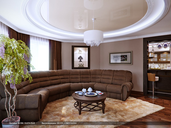 ห้องรับแขกทรงกลม ตกแต่งในโทนสีน้ำตาล