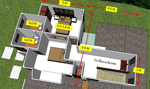 แบบบ้าน แบบบ้านชั้นครึ่ง เล่นระดับ ขนาด 3 ห้องนอน