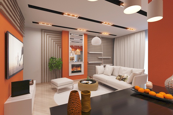 ห้องนั่งเล่นโมเดิร์น แต่งสีส้มผสมลายไม้สวย ๆ ห้องนั่งเล่นโมเดิร์น แต่งสีส้มผสมลายไม้สวย ๆ