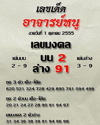 มาดูกัน เลขเด็ด อาจารย์หนู งวด 1 ตุลาคม 2555