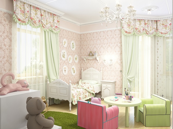 ห้องนอนเด็กผู้หญิง ห้องนอนสีชมพู - เขียว