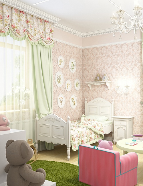 ห้องนอนเด็กผู้หญิง ห้องนอนสีชมพู - เขียว