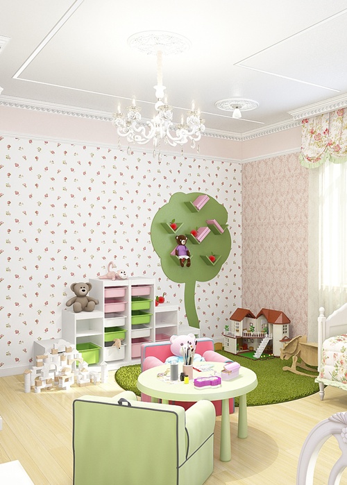 ห้องนอนเด็กผู้หญิง ห้องนอนสีชมพู - เขียว