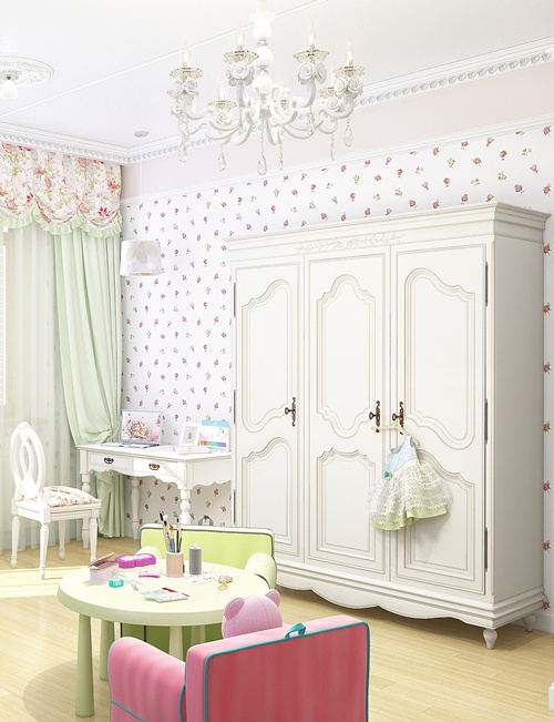 ห้องนอนเด็กผู้หญิง ห้องนอนสีชมพู - เขียว