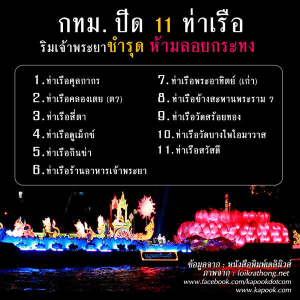 กทม. ปิด 11 ท่าเรือริมเจ้าพระยาชำรุด ห้ามลอยกระทง