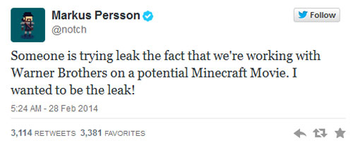 วอร์เนอร์ เตรียมสร้างหนังจากเกมดัง Minecraft วอร์เนอร์ เตรียมสร้างหนังจากเกมดัง Minecraft