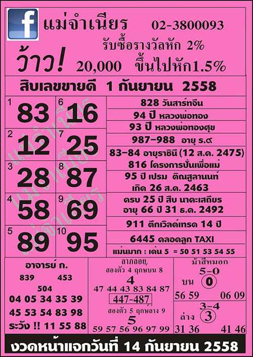 หวยแม่จำเนียร 1/09/58