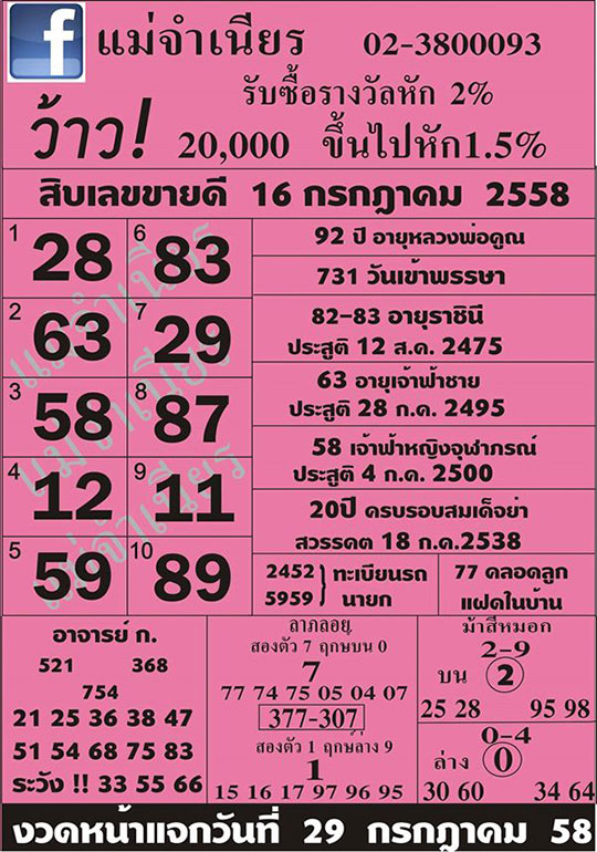 หวยแม่จำเนียร 16/07/58