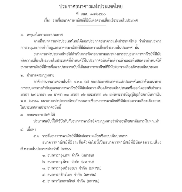 แบงก์ชาติประกาศ 5 ธนาคาร ที่มีนัยต่อความเสี่ยงเชิงระบบในประเทศ