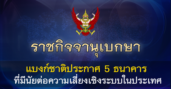แบงก์ชาติประกาศ 5 ธนาคาร ที่มีนัยต่อความเสี่ยงเชิงระบบในประเทศ