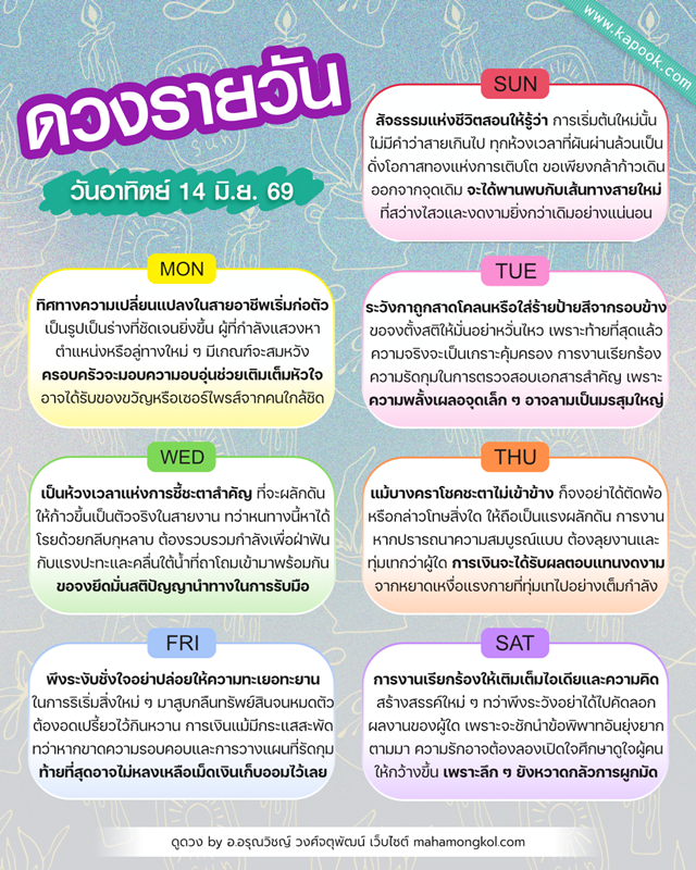 ดูดวงรายวัน 14 มิถุนายน 2569