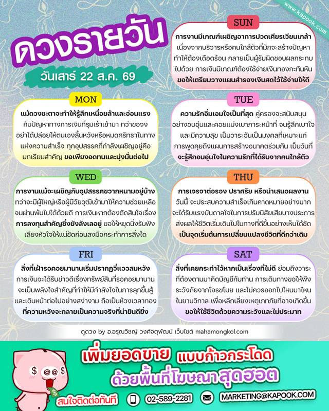 ดูดวงรายวัน 22 สิงหาคม 2569