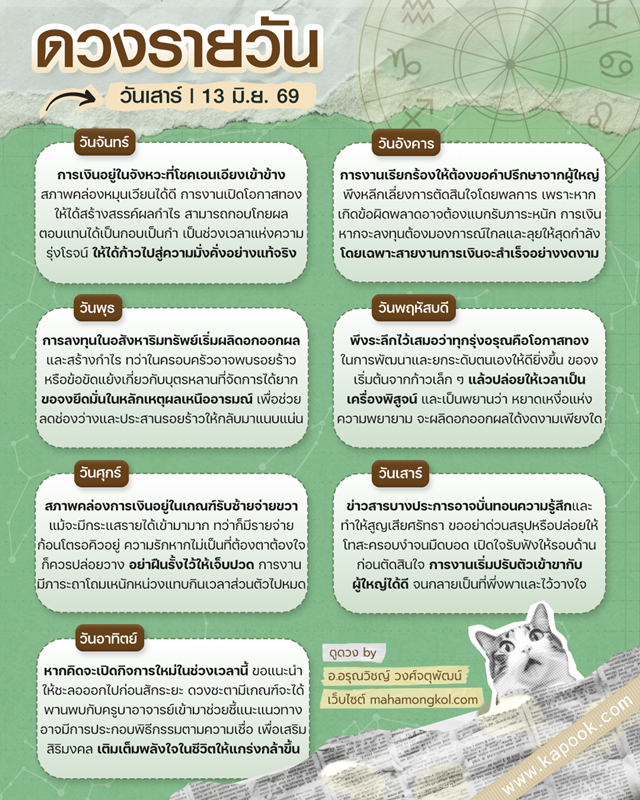 ดูดวงรายวัน 13 มิถุนายน 2569