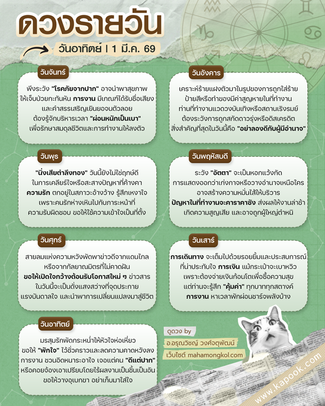 ดูดวงรายวัน 1 มีนาคม 2569