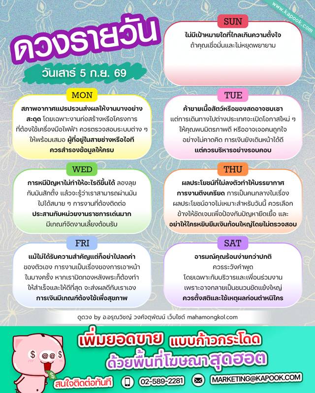 ดูดวงรายวัน 5 กันยายน 2569