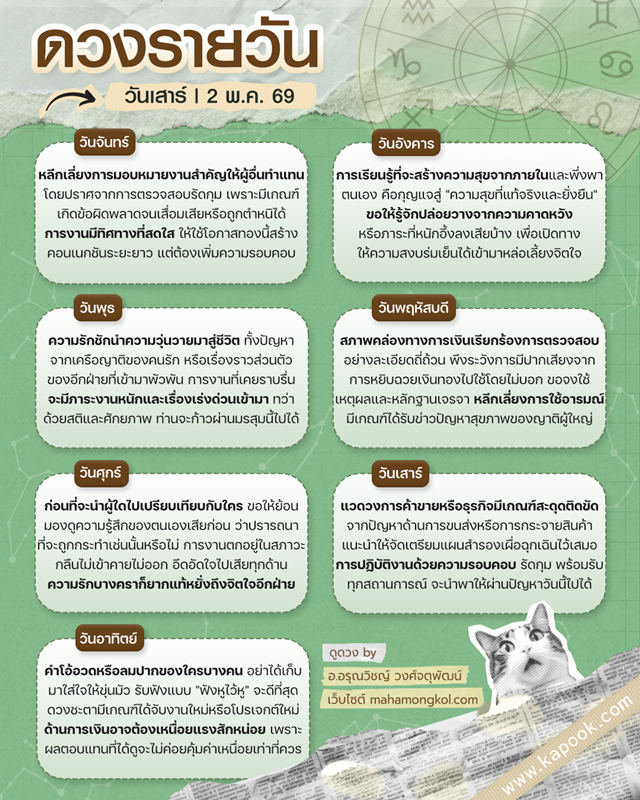 ดูดวงรายวัน 2 พฤษภาคม 2569