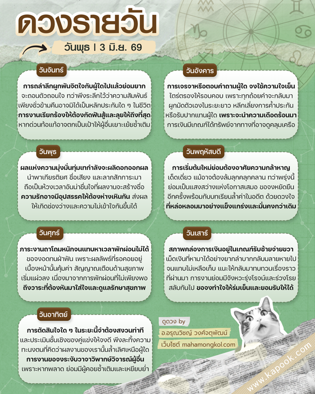 ดูดวงรายวัน 3 มิถุนายน 2569