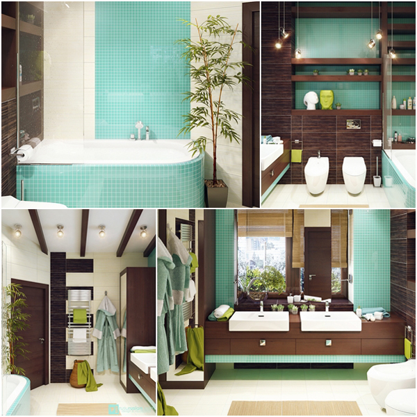 ห้องน้ำสีเขียวน้ำทะเลสลับลายไม้ สดใสได้อีก !