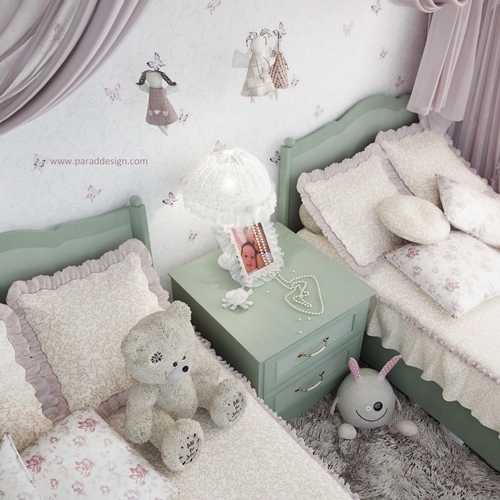 ห้องนอนเด็ก 2 เตียง แต่งหวาน ๆ แบบเจ้าหญิง