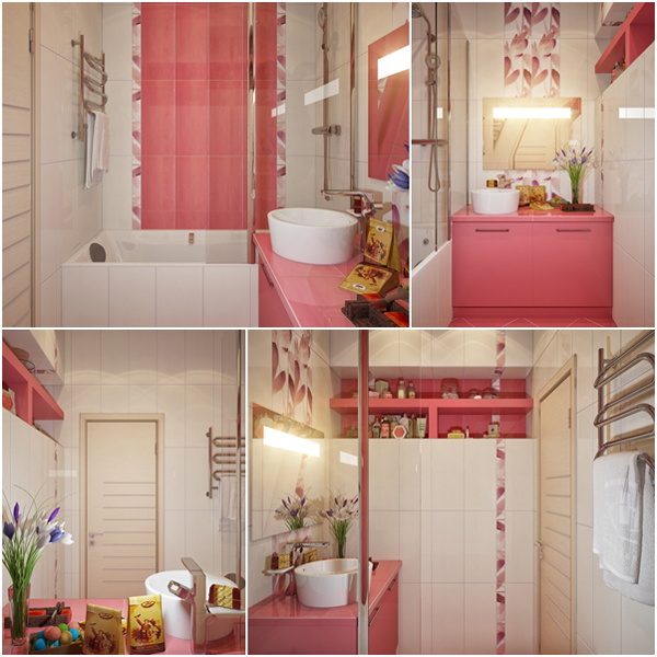 ห้องน้ำพื้นที่จำกัด ตกแต่งด้วยสีชมพูอมส้ม