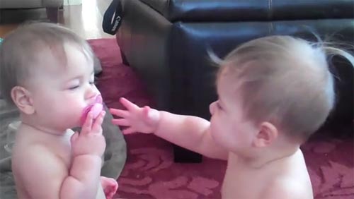 ทารกแฝดมะกันแย่งกันดูดจุกนมปลอม