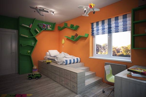 ห้องนอนเด็กสีส้ม-เขียว เตียงบันไดเล่นระดับ